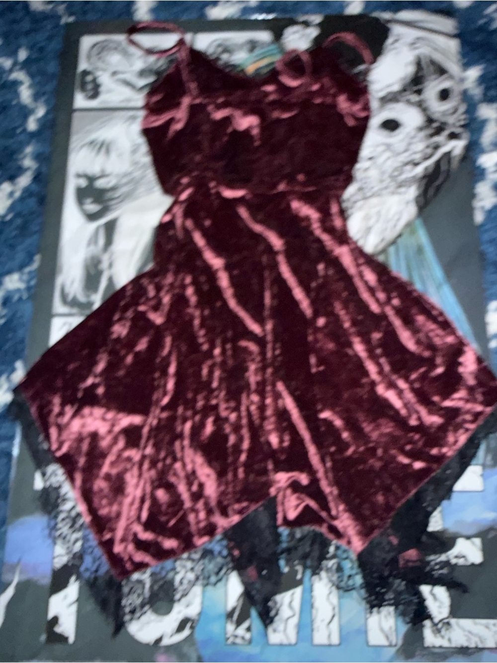 Women’s Velvet Lace Trim Slip Dress in Deep Burgundy - Picture 4 of 6